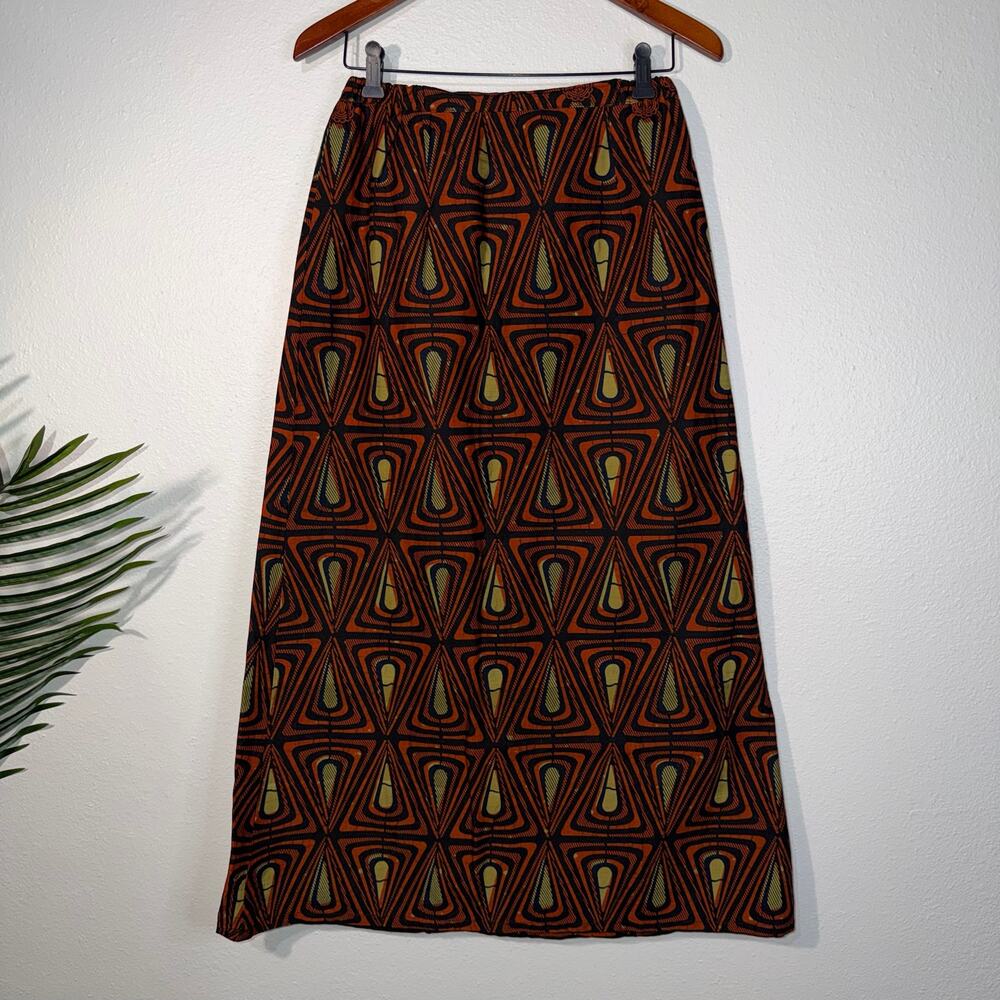 Vintage Bohemian African Wax Print Geometric Maxi Skirt Elastic Waist OS / M